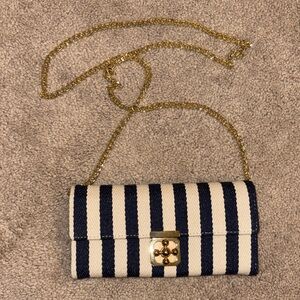 Striped Navy and White Clutch with Gold Chain